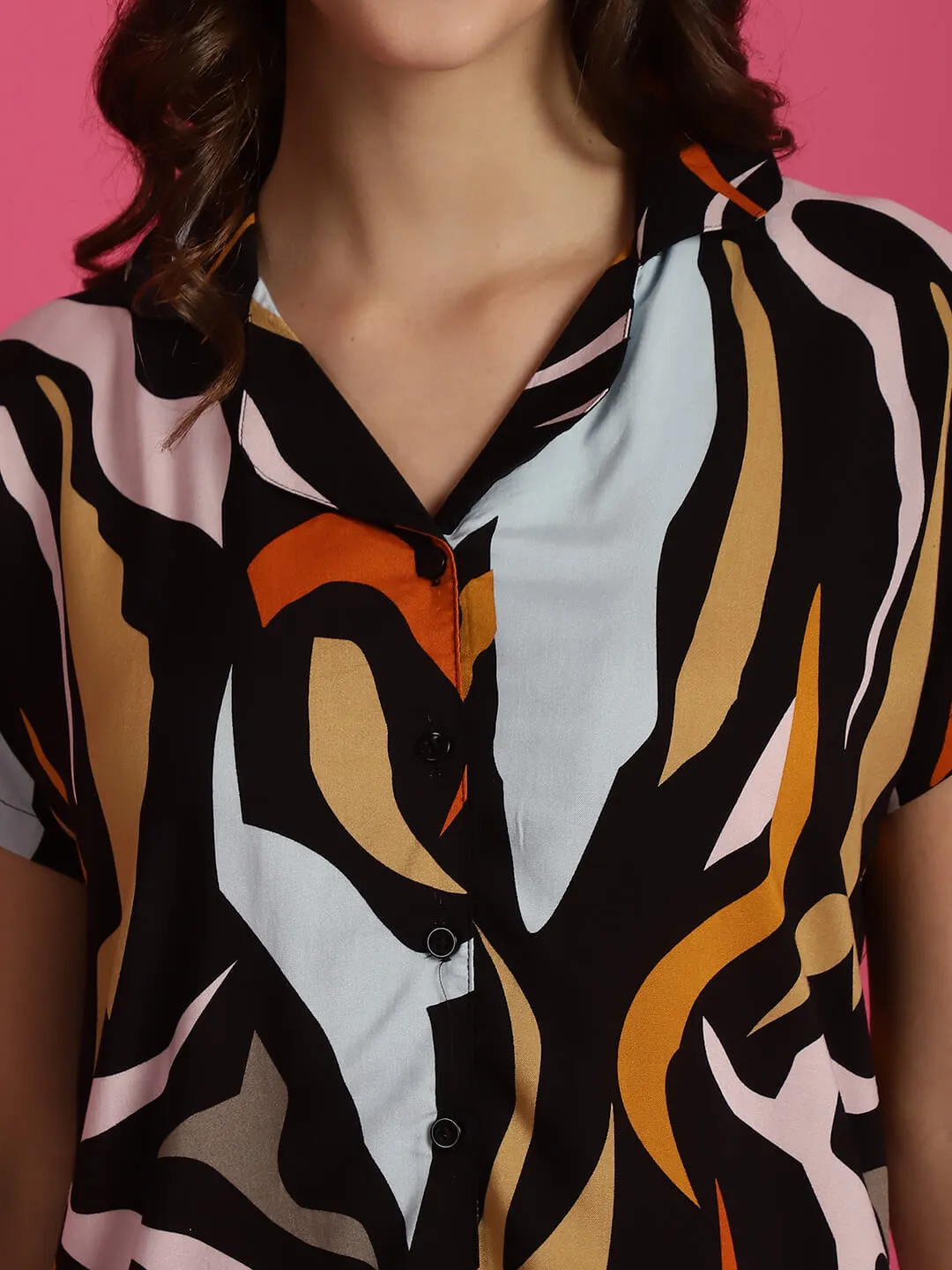 Black Abstract Printed Viscose Rayon Night Suit for Women | S-XL | Claura