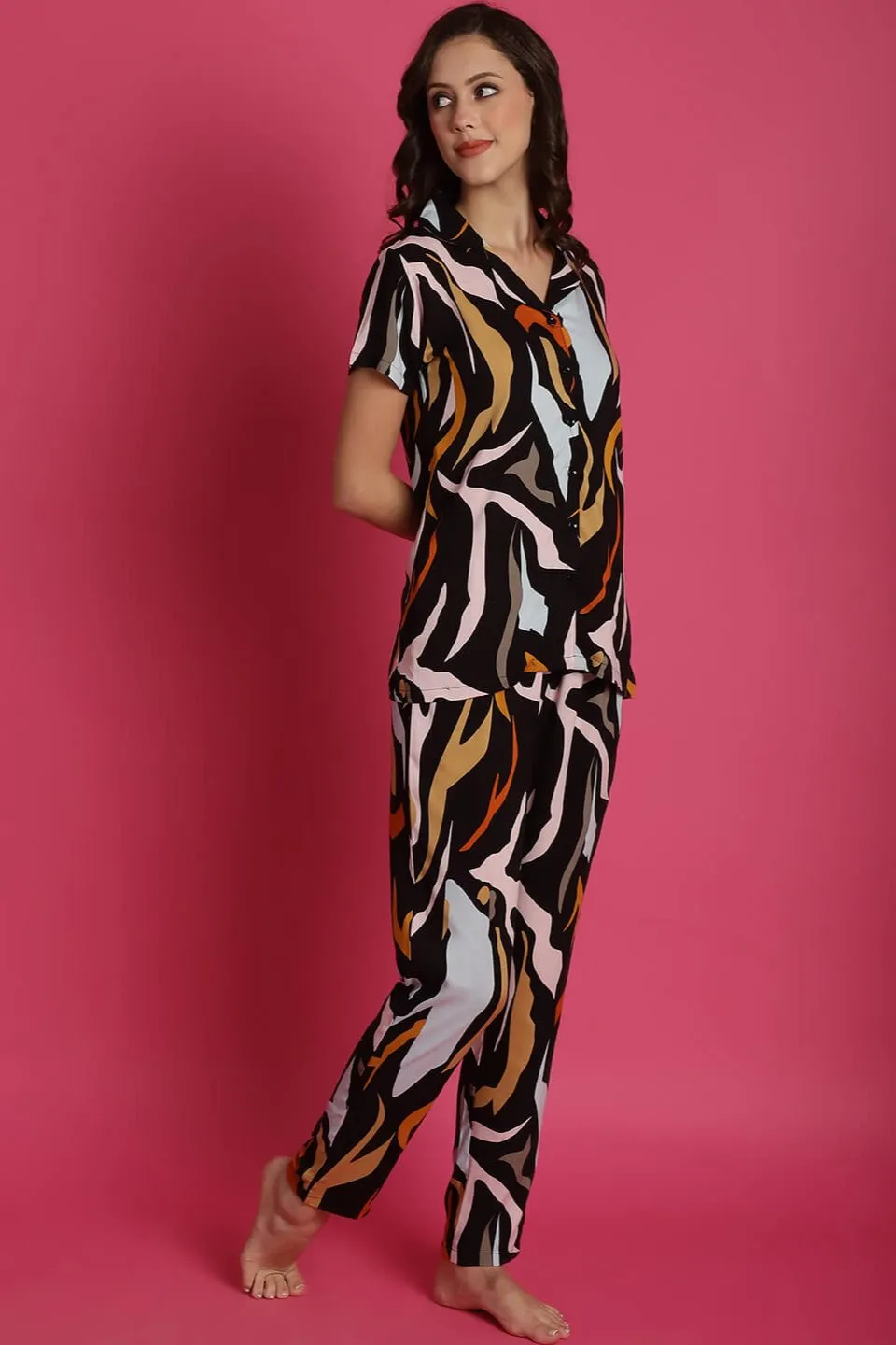 Black Abstract Printed Viscose Rayon Night Suit for Women | S-XL | Claura