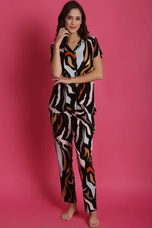 Black Abstract Printed Viscose Rayon Night Suit for Women | S-XL | Claura