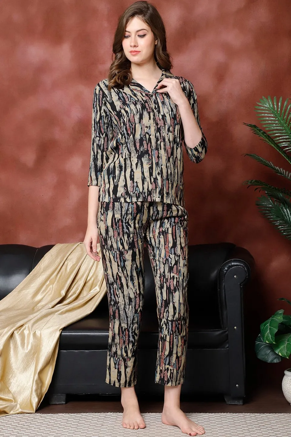Black Abstract Printed Viscose Rayon Night Suit for Women | S-XXL | Claura