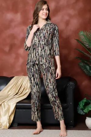 Black Abstract Printed Viscose Rayon Night Suit for Women | S-XXL | Claura
