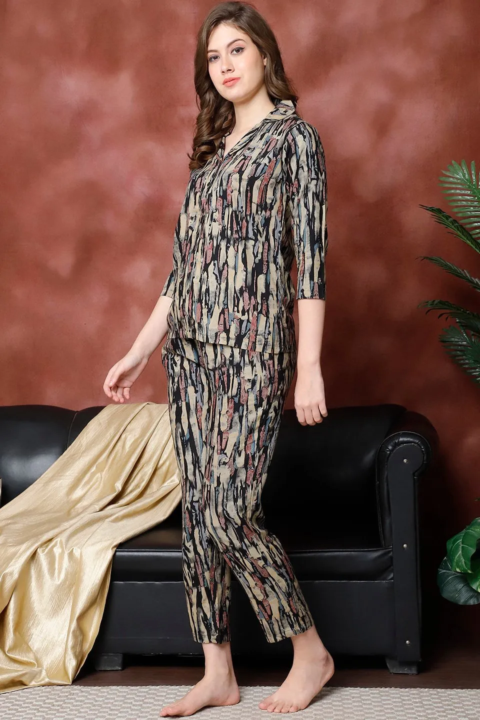 Black Abstract Printed Viscose Rayon Night Suit for Women | S-XXL | Claura