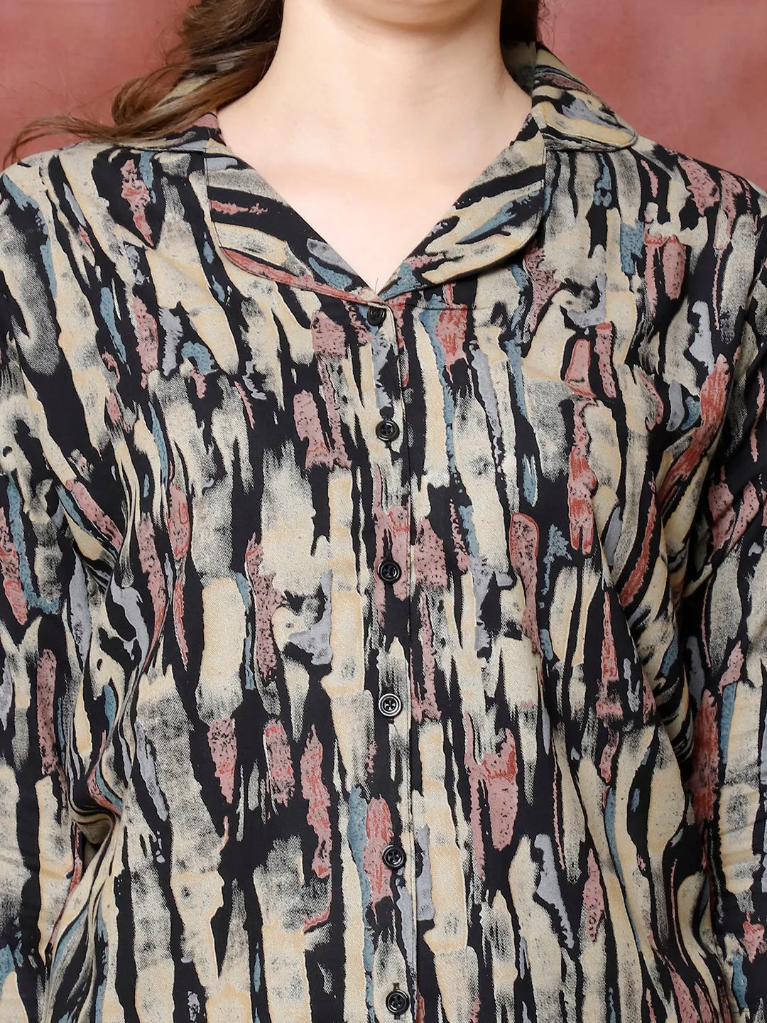 Black Abstract Printed Viscose Rayon Night Suit for Women | S-XXL | Claura