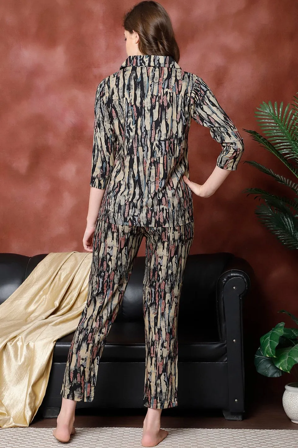 Black Abstract Printed Viscose Rayon Night Suit for Women | S-XXL | Claura