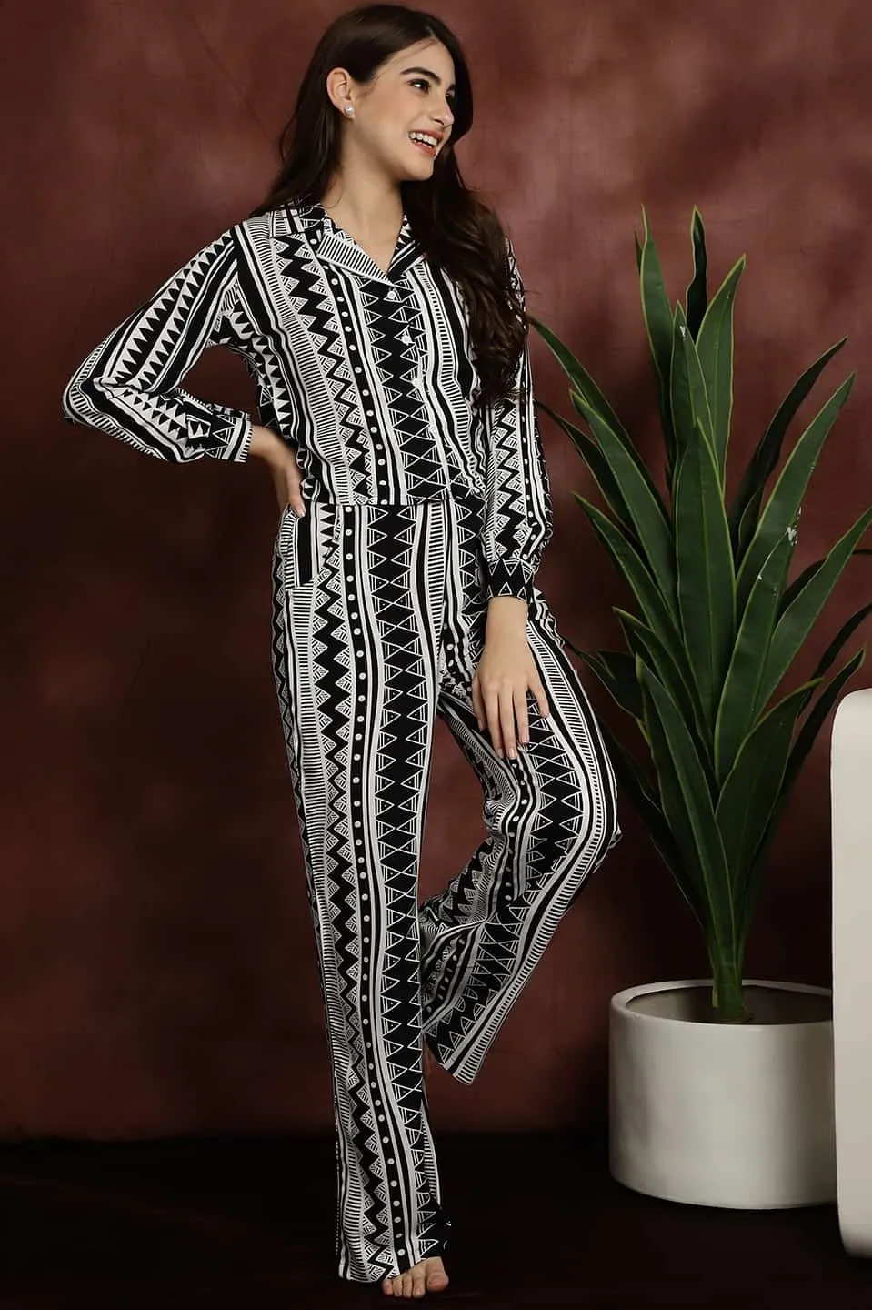 Black & White Abstract Printed Viscose Rayon Night Suit for Women | S-XL | Claura