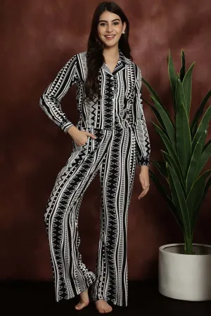 Black & White Abstract Printed Viscose Rayon Night Suit for Women | S-XL | Claura