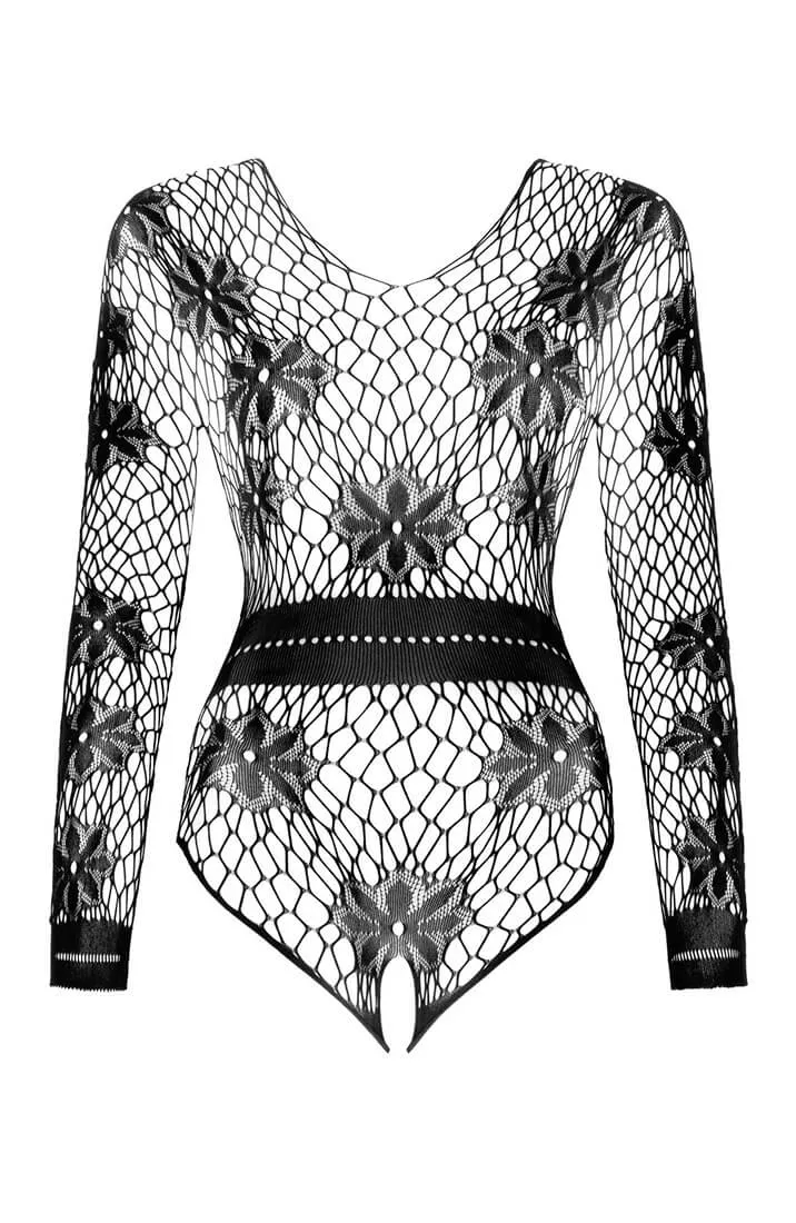 Black crotchless bodysuit lingerie with floral pattern
