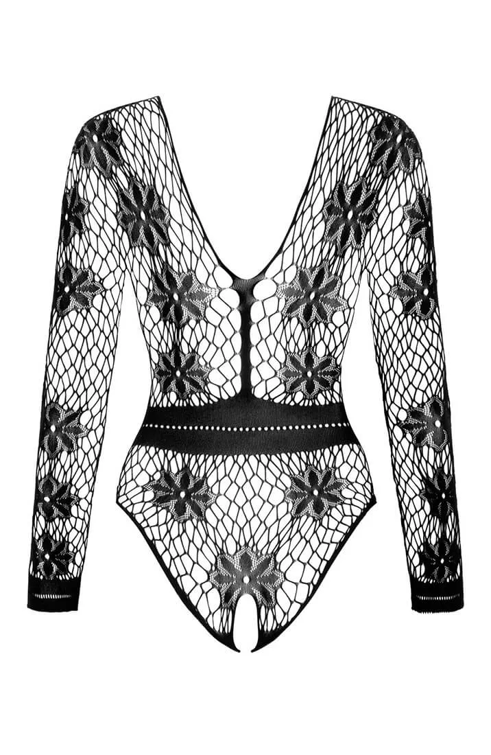 Black crotchless bodysuit lingerie with floral pattern