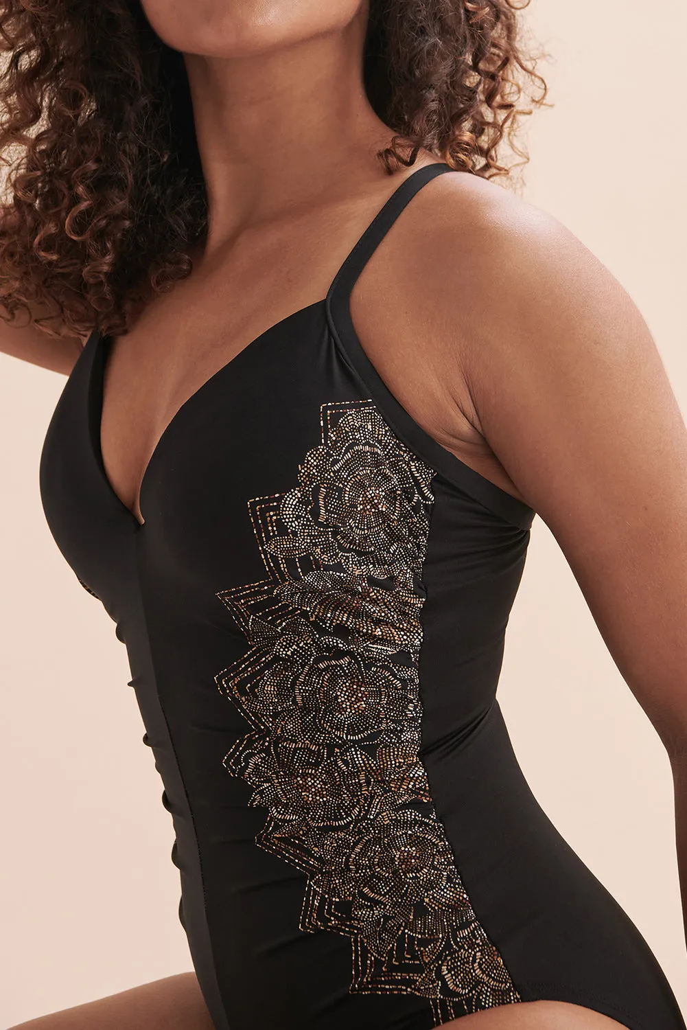 Black Elegant Print Spaghetti Straps Sexy One Piece Swimsuit