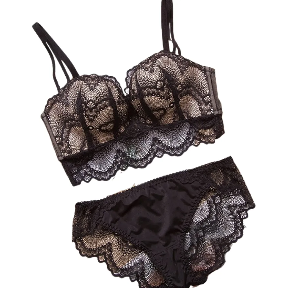 Black embroidered lace satin lingerie set
