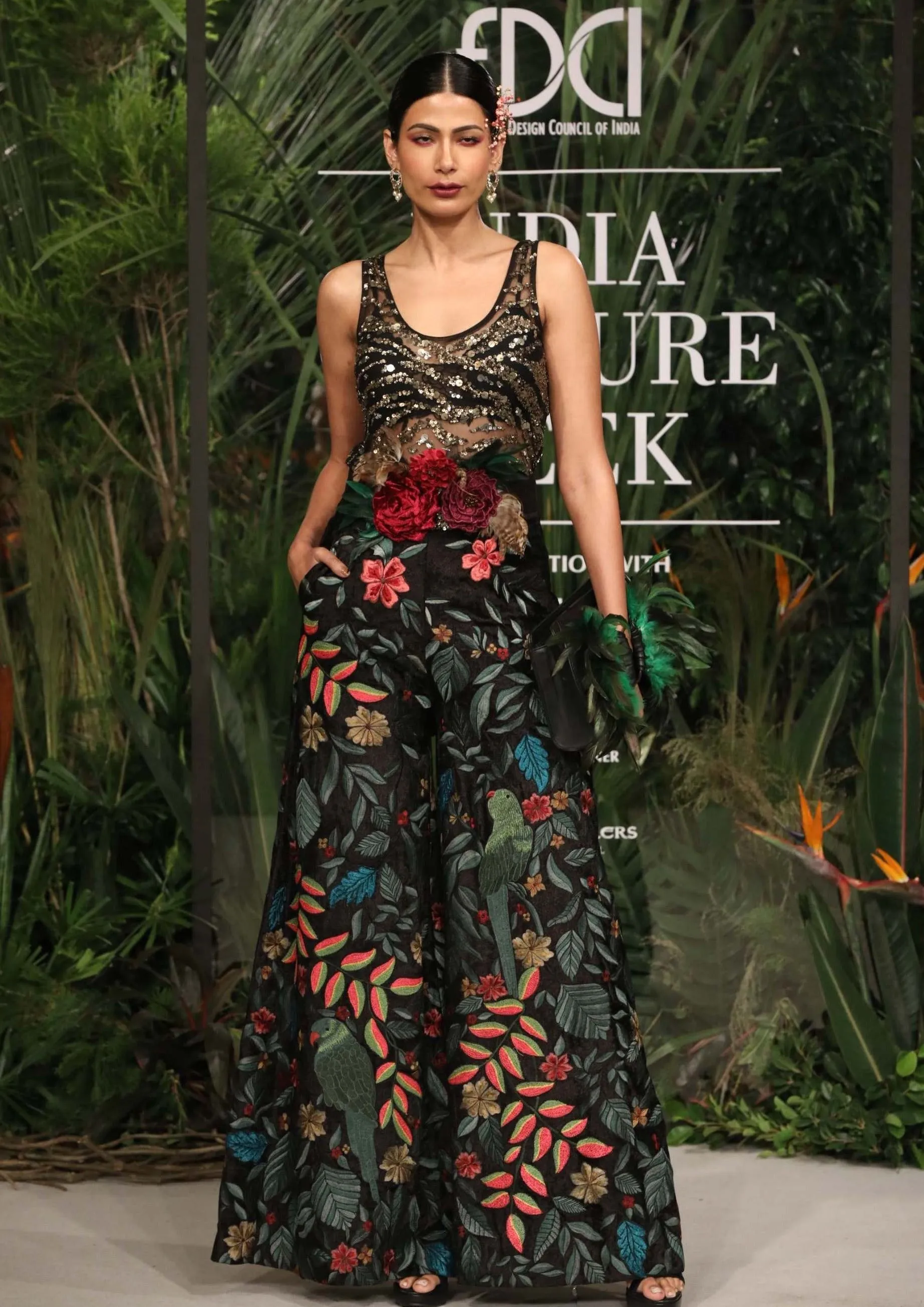 Black Embroidered top with velvet trousers