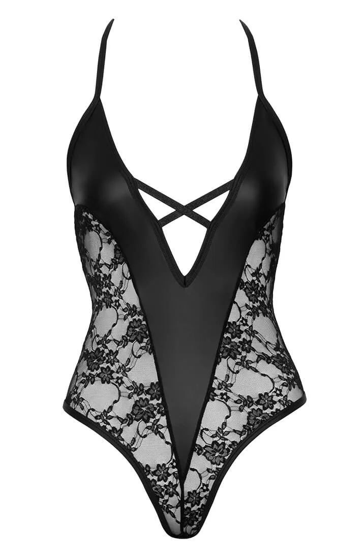 Black lace X wet look bodysuit - Mischievous Fantasies