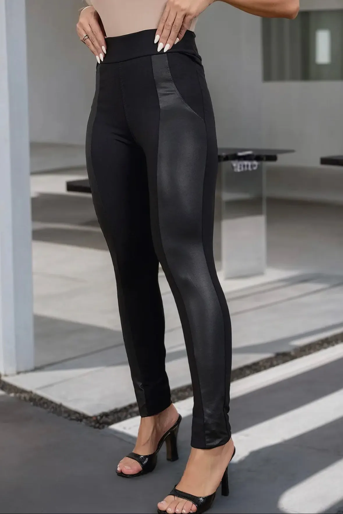 Black Leather Panel Patchwork High-waist Leggings