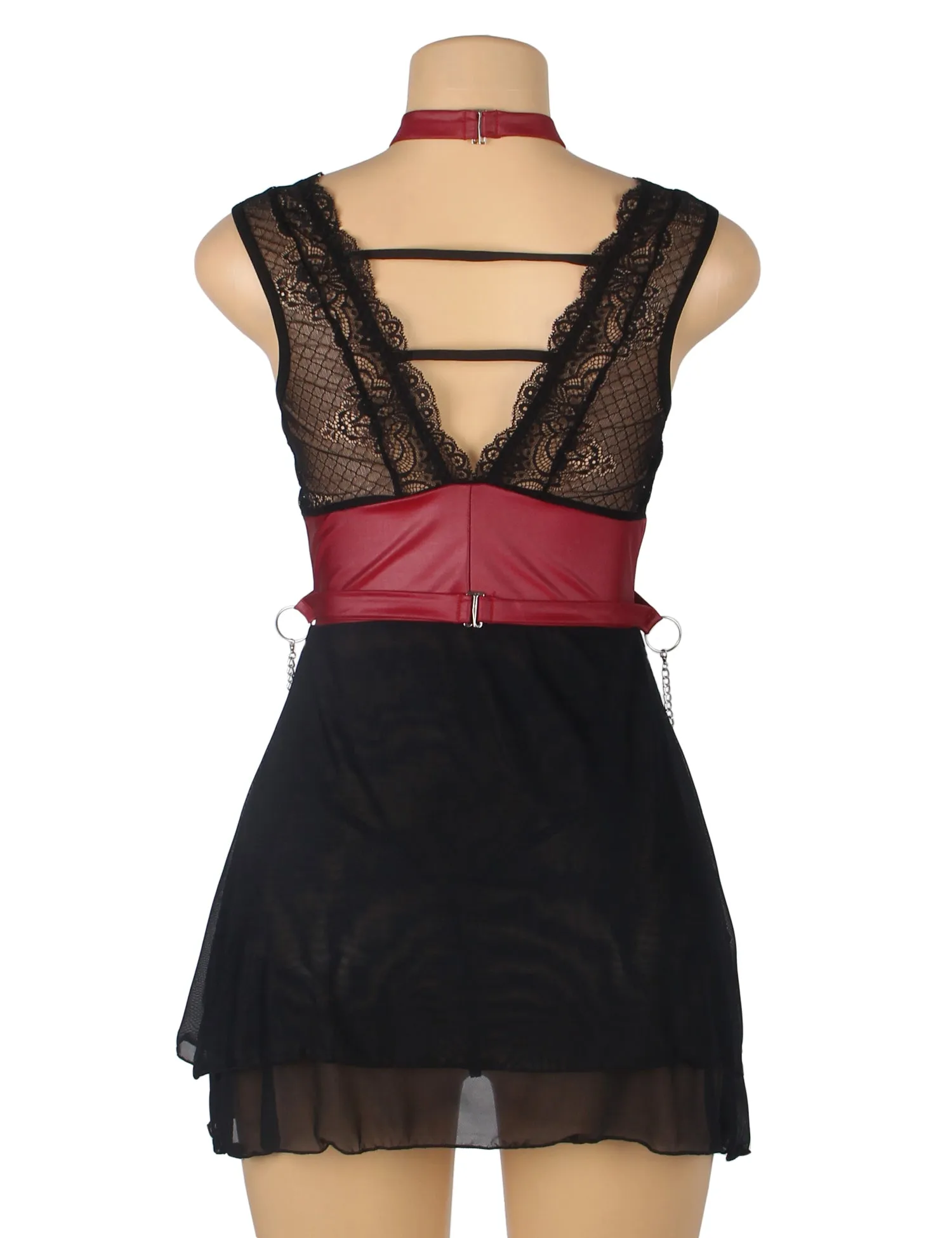 Black Mesh Lace Faux Leather Sexy Bondage Lingerie