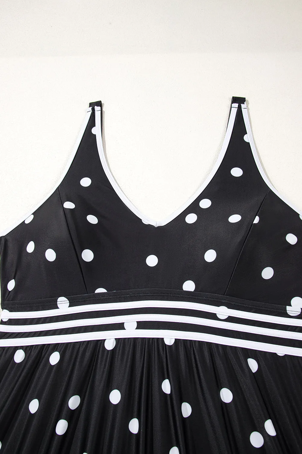 Black Polka Dot/Colorblock Trim V Neck Plus Size Swim Dress