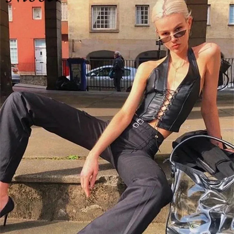 Black PU Leather Crop Top Backless Vest