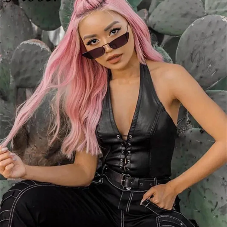 Black PU Leather Crop Top Backless Vest