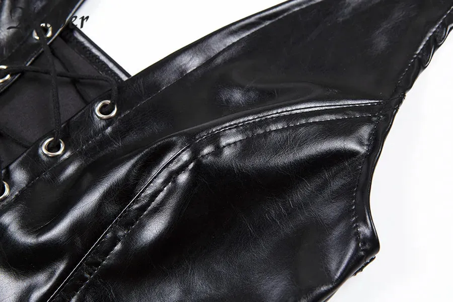 Black PU Leather Crop Top Backless Vest