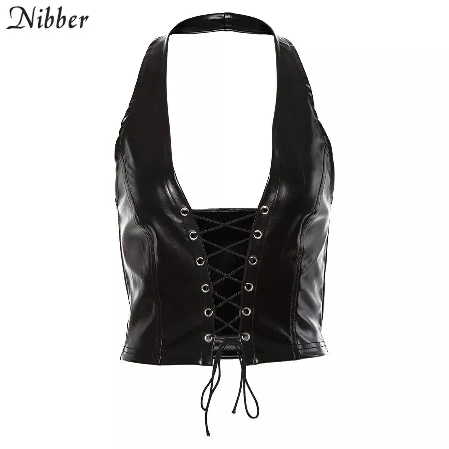 Black PU Leather Crop Top Backless Vest