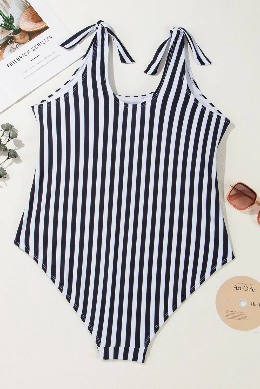 Black Stripe Plus Size Self Tie Straps O-Ring Waistband One Piece Swimsuit