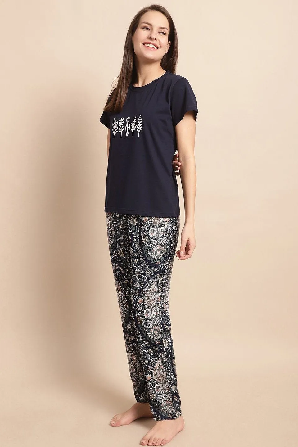 Blue Abstract Printed Viscose Rayon Night Suit for Women | S-XL | Claura