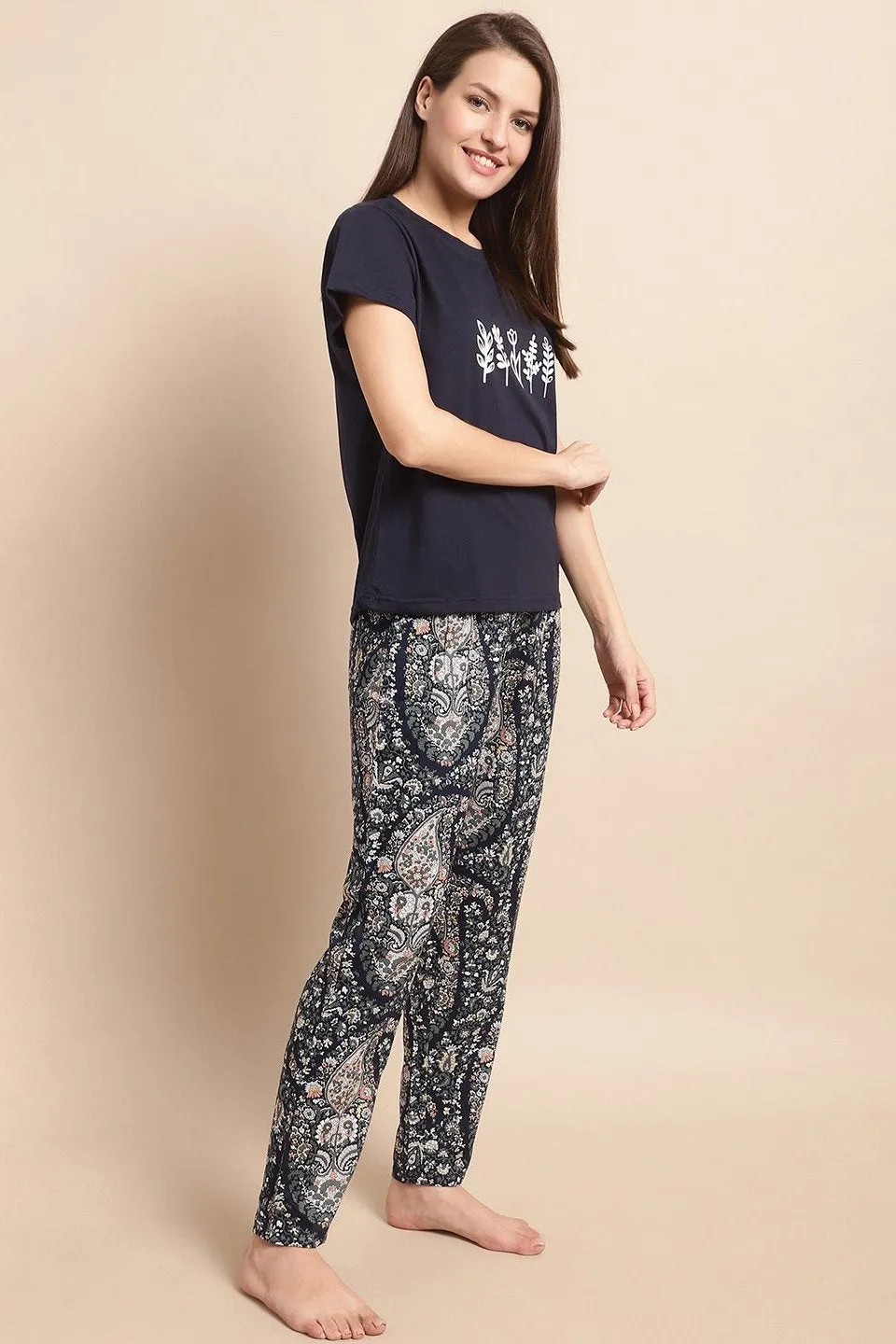 Blue Abstract Printed Viscose Rayon Night Suit for Women | S-XL | Claura