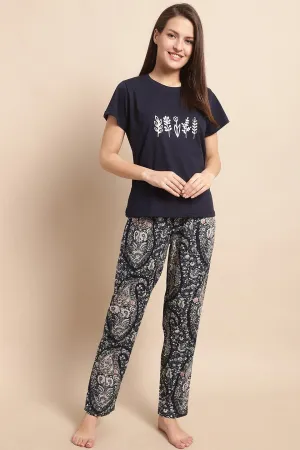 Blue Abstract Printed Viscose Rayon Night Suit for Women | S-XL | Claura