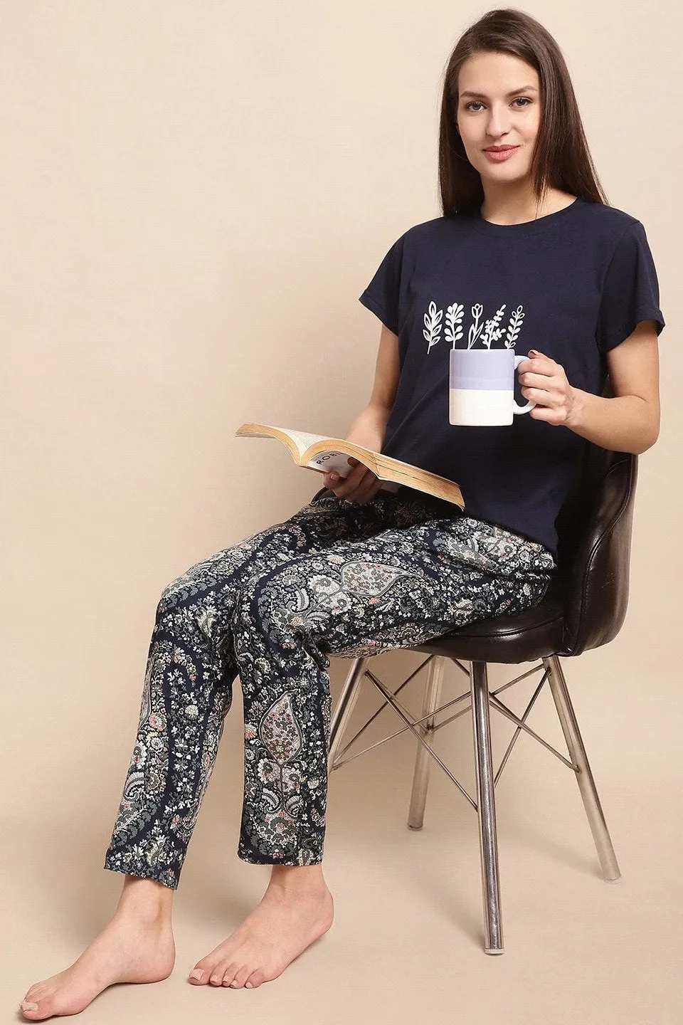 Blue Abstract Printed Viscose Rayon Night Suit for Women | S-XL | Claura