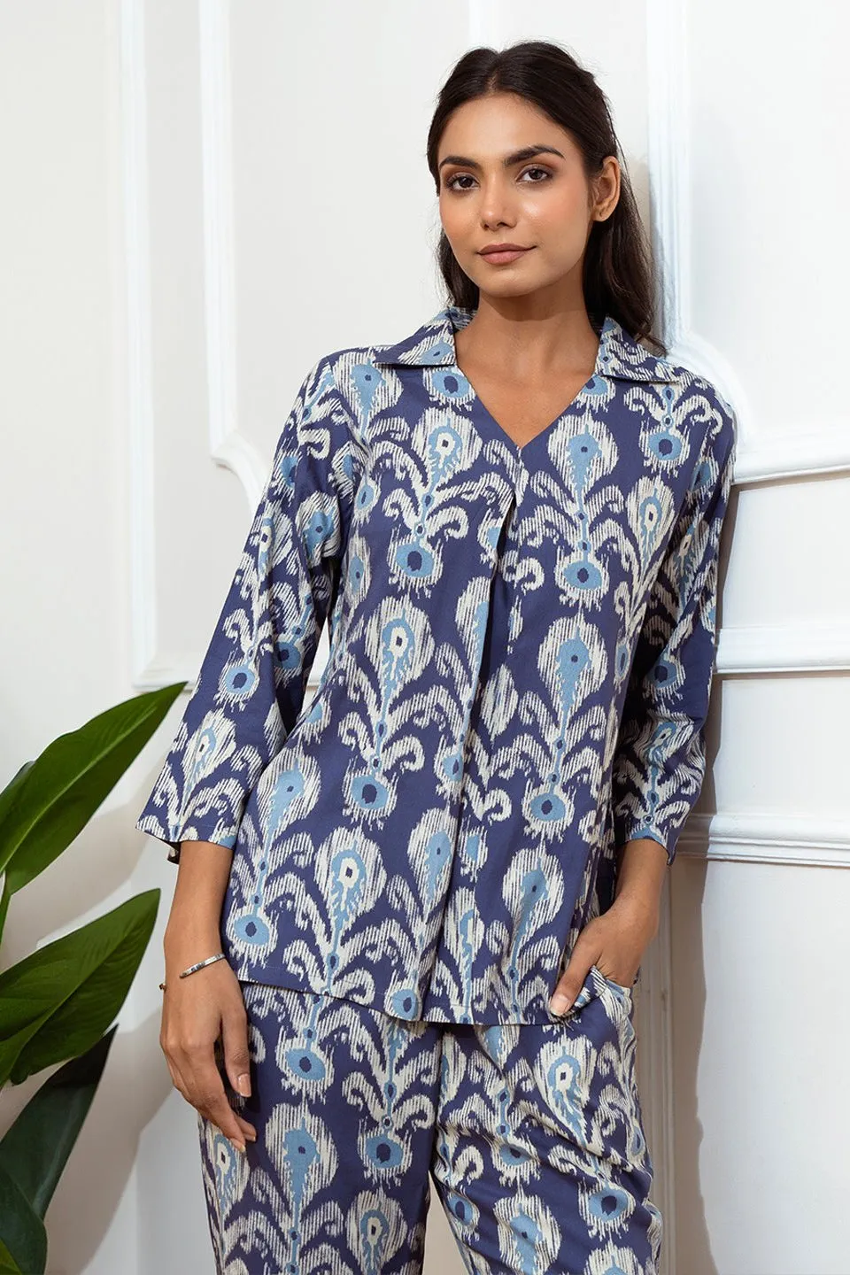 Blue Abstract Printed Viscose Rayon Night Suit for Women | S-XXL | Claura
