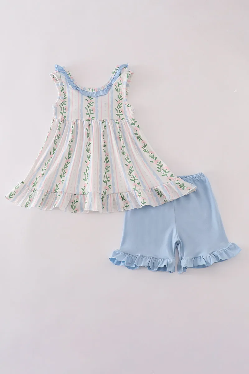 Blue floral print ruffle shorts set