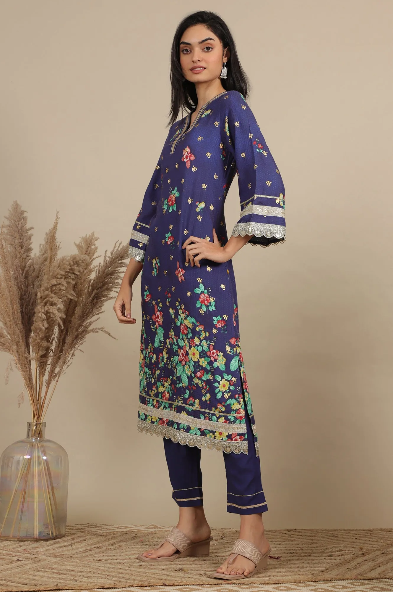 Blue Floral Printed A-line Kurta, Trousers and Dupatta Set