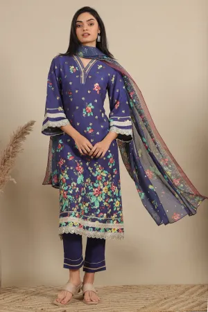Blue Floral Printed A-line Kurta, Trousers and Dupatta Set