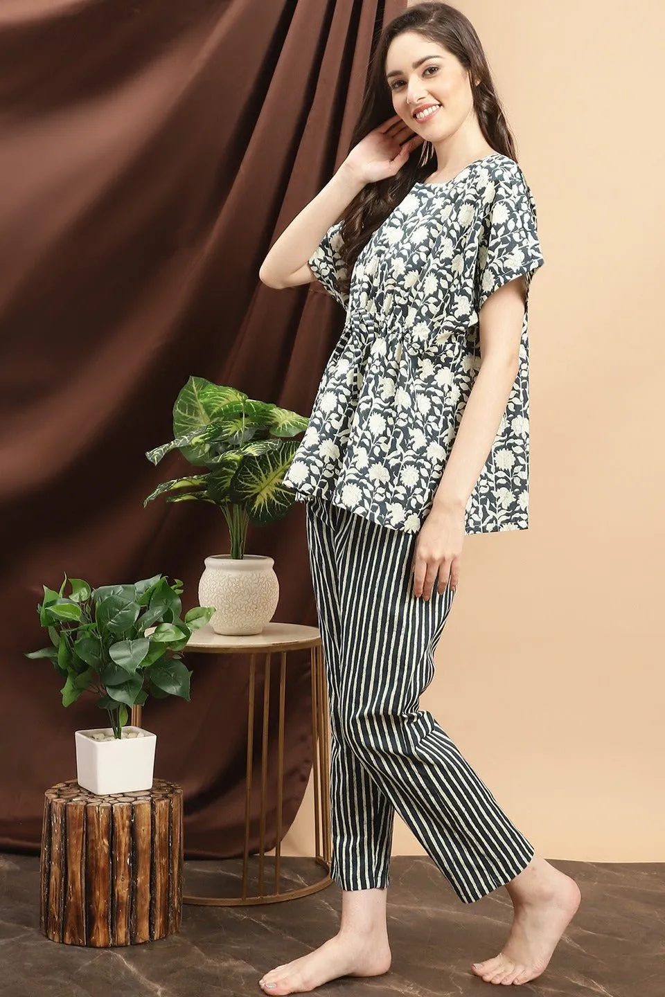 Blue Floral Printed Cotton Night Suit for Women | S-XL | Claura
