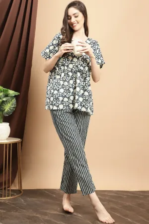 Blue Floral Printed Cotton Night Suit for Women | S-XL | Claura