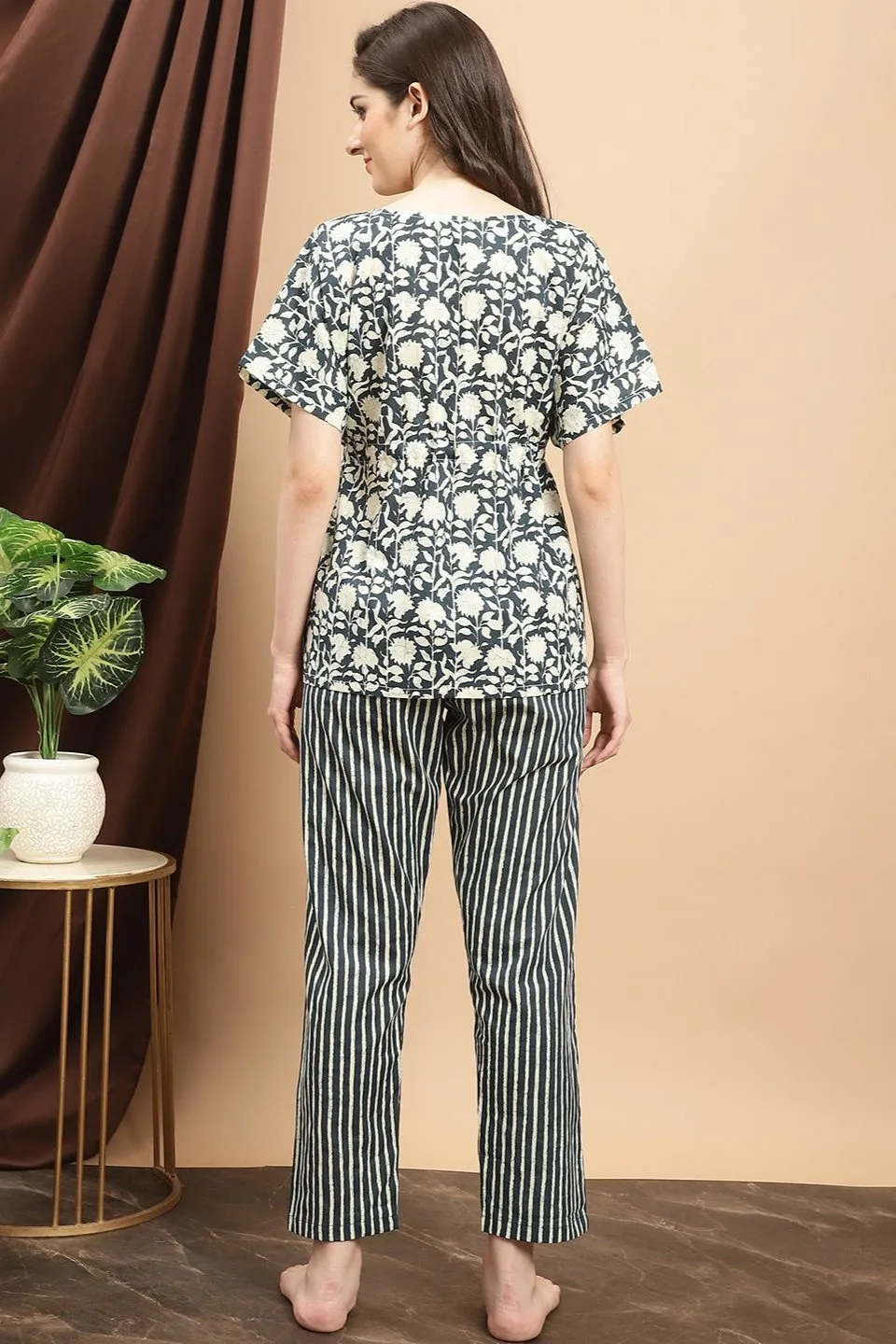 Blue Floral Printed Cotton Night Suit for Women | S-XL | Claura