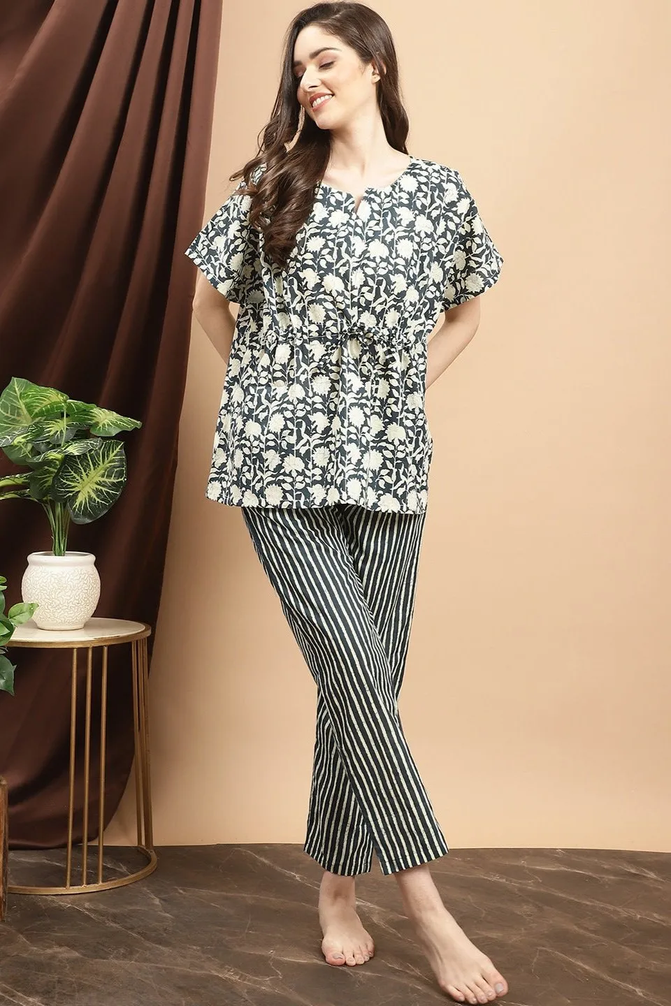 Blue Floral Printed Cotton Night Suit for Women | S-XL | Claura