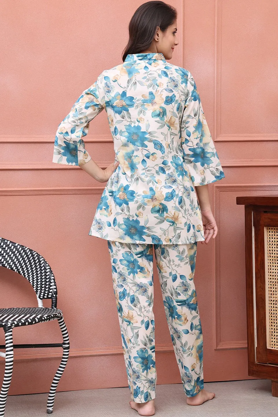 Blue Floral Printed Cotton Night Suit for Women | S-XXL | Claura