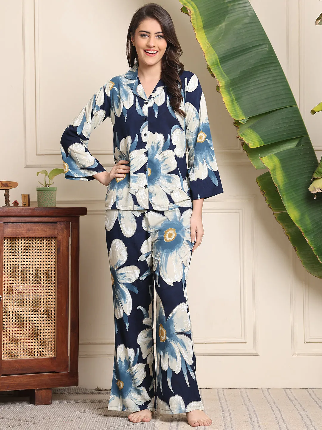 Blue Floral Printed Viscose Rayon Night Suit for Women | S-XXL | Claura