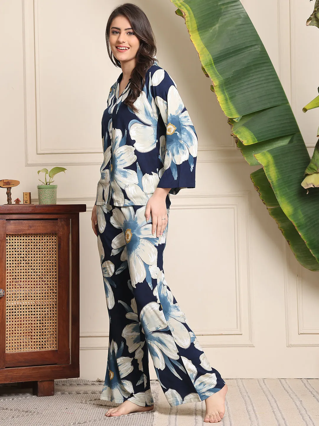 Blue Floral Printed Viscose Rayon Night Suit for Women | S-XXL | Claura