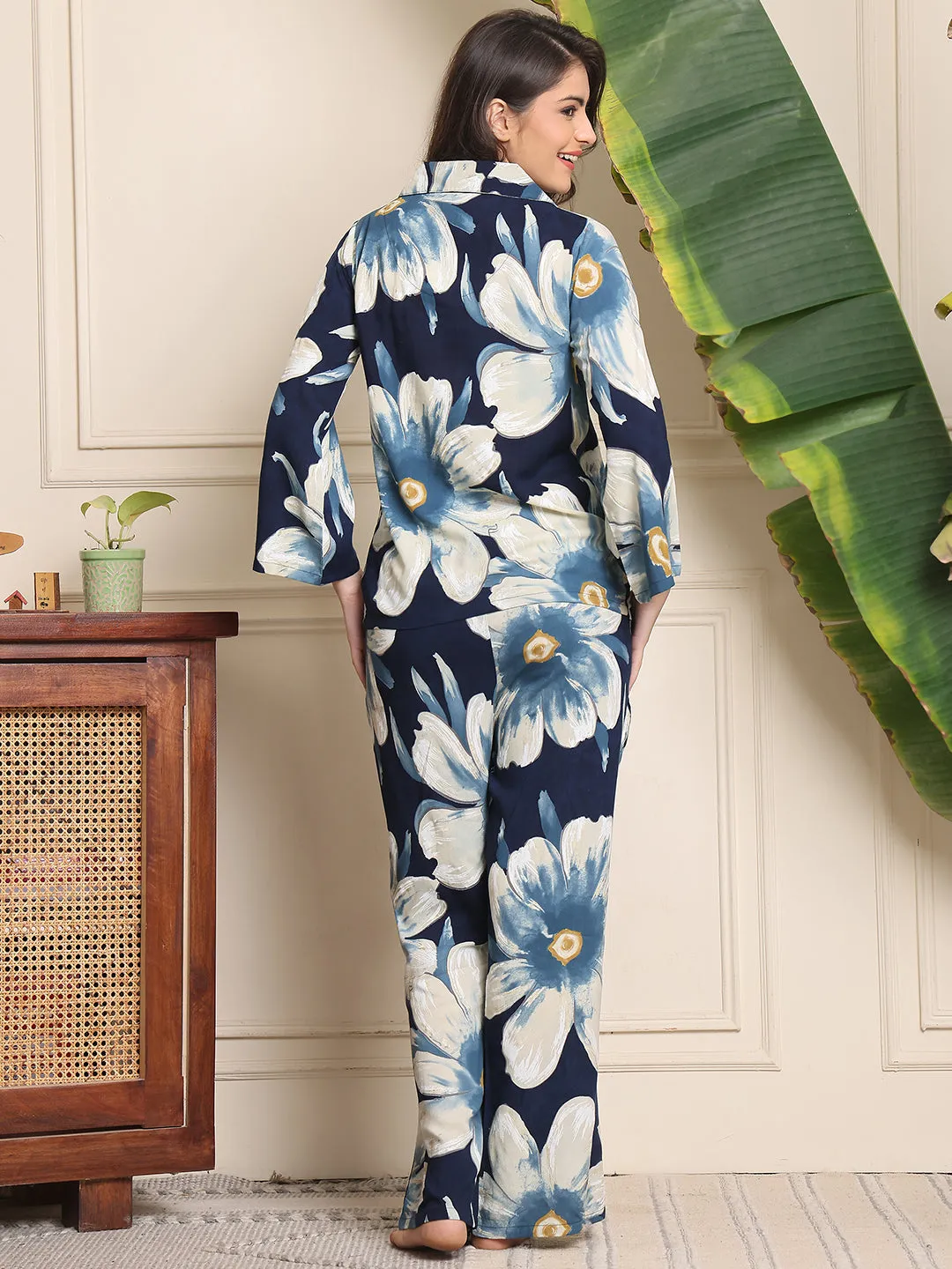 Blue Floral Printed Viscose Rayon Night Suit for Women | S-XXL | Claura