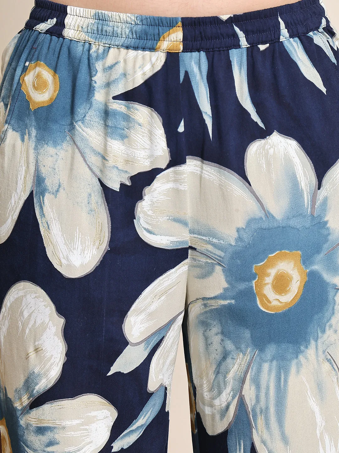 Blue Floral Printed Viscose Rayon Night Suit for Women | S-XXL | Claura