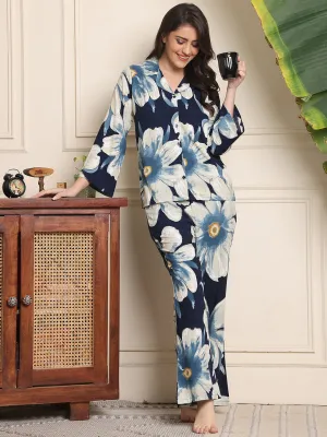 Blue Floral Printed Viscose Rayon Night Suit for Women | S-XXL | Claura