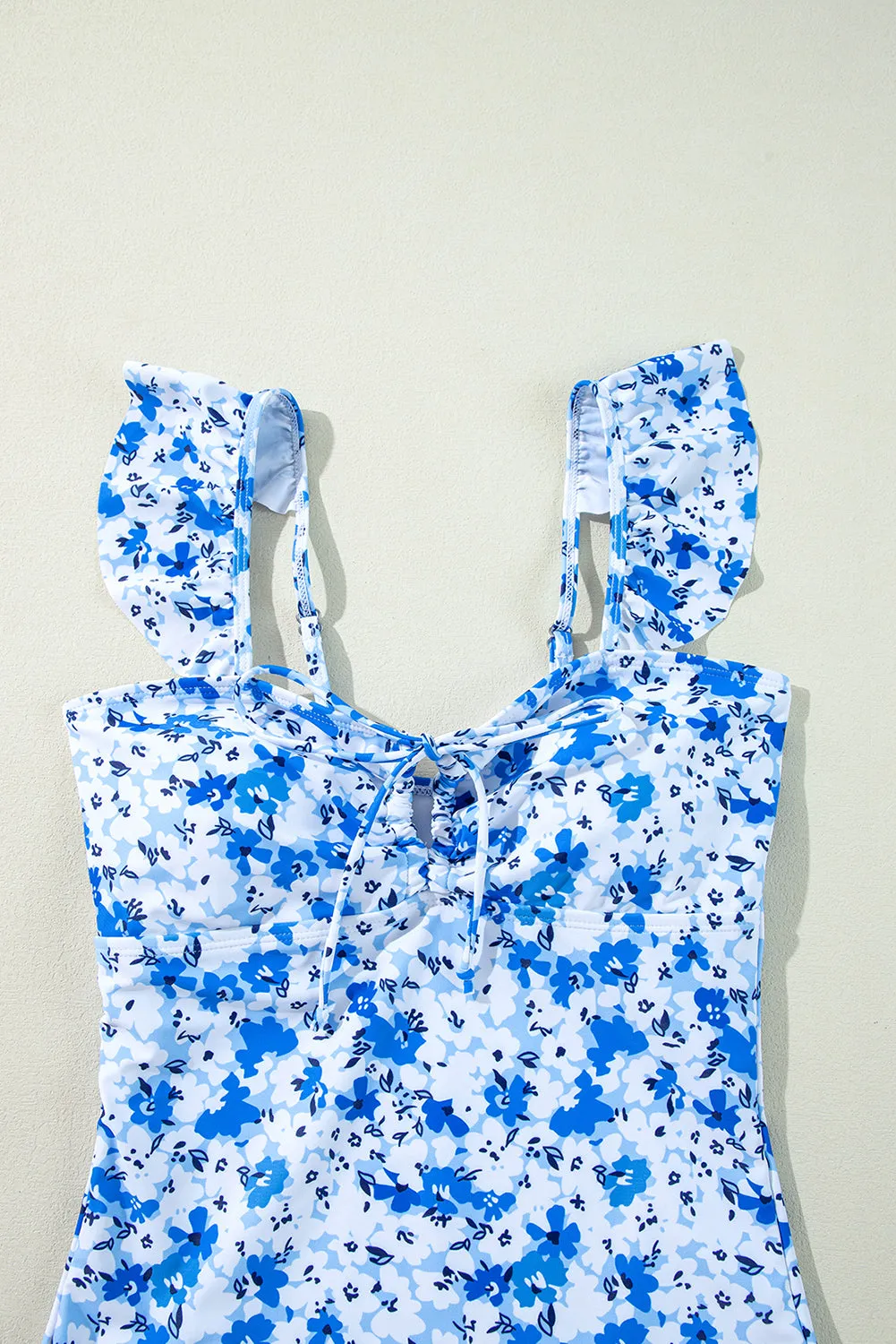 Blue Floral Ruffled Strap Lace-up Hollow Out One Piece Swimsuit