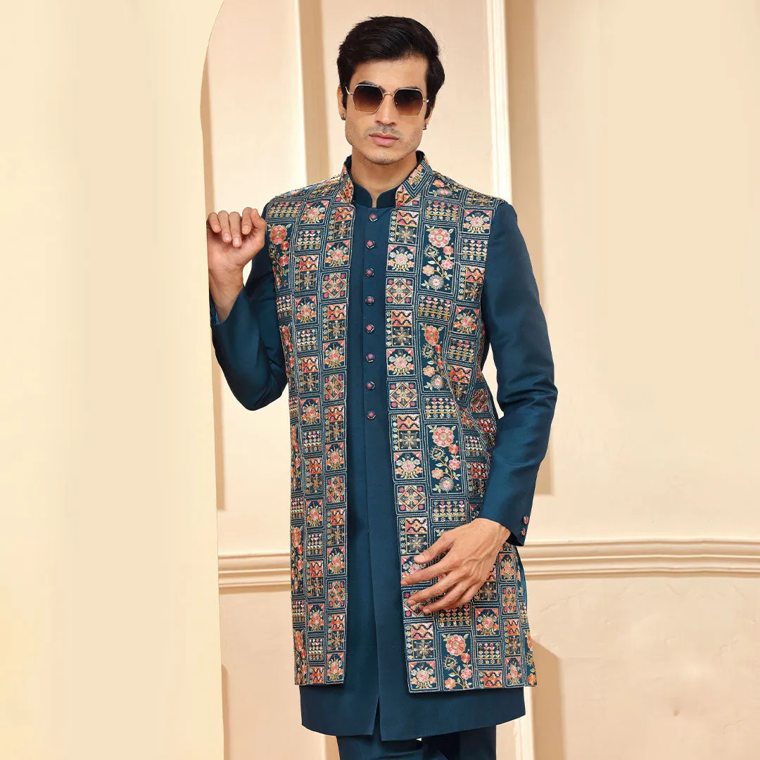 Blue Indo Western  With All Over Heavy Work Jacket
