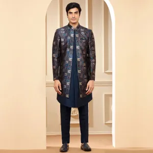Blue Printed Indo Western  For Men