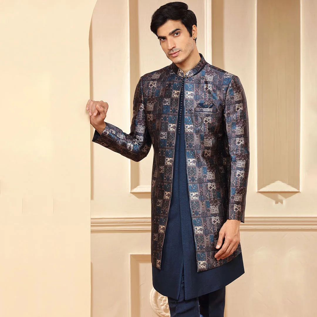 Blue Printed Indo Western  For Men
