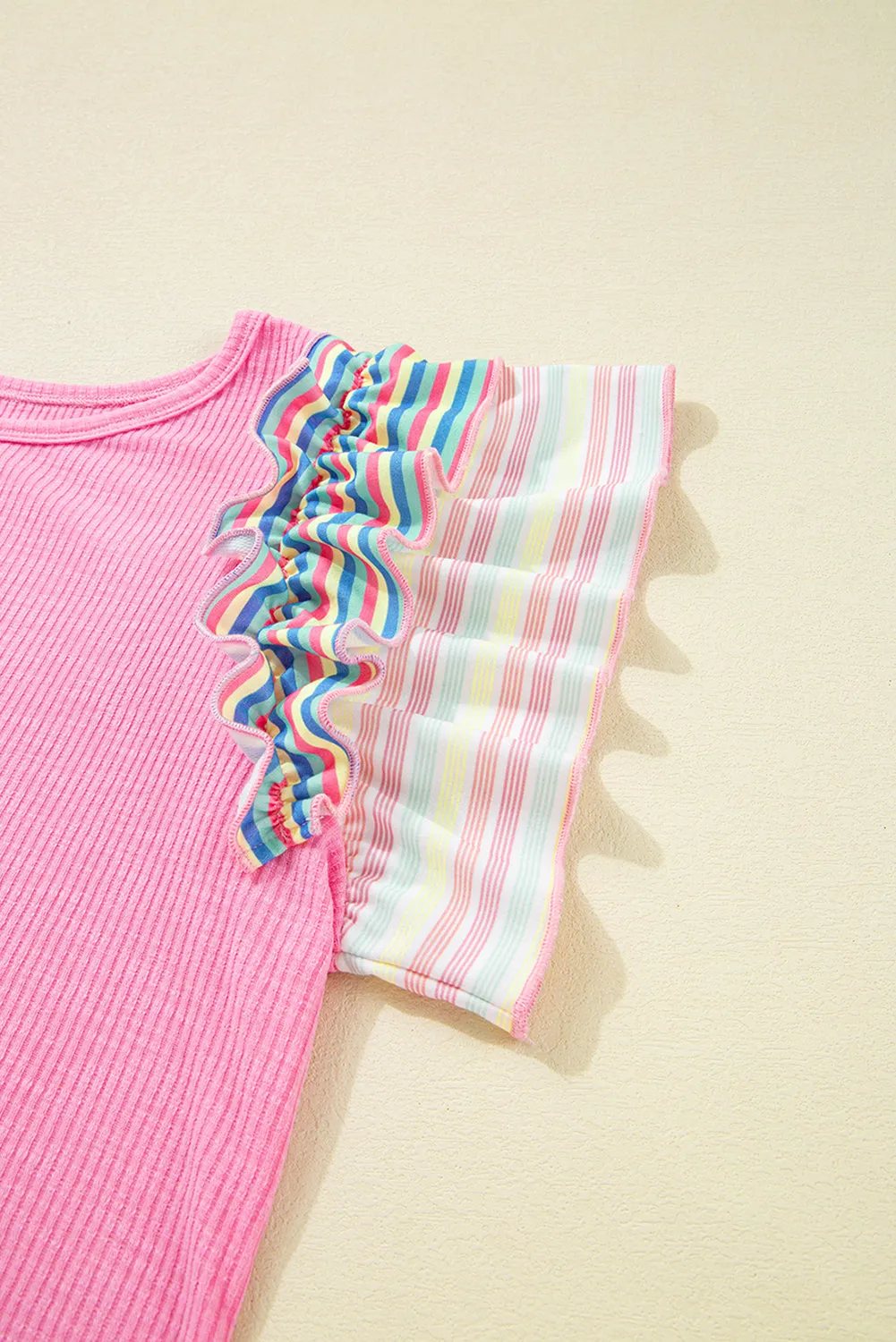Bonbon Striped Ruffle Flutter Sleeve Ribbed Blouse