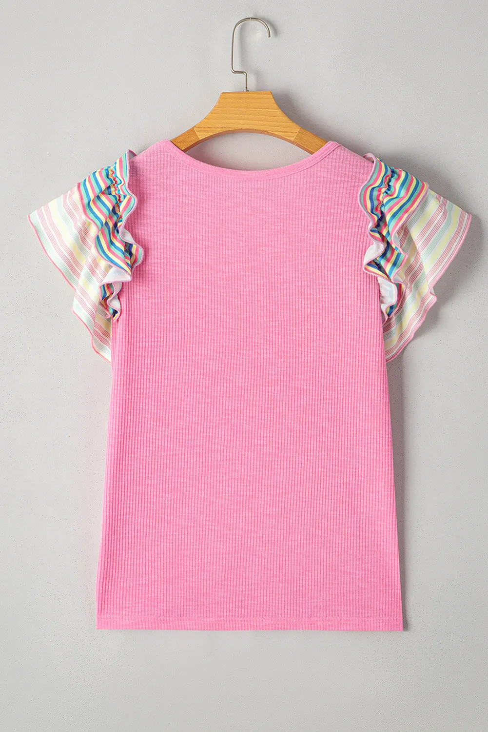 Bonbon Striped Ruffle Flutter Sleeve Ribbed Blouse