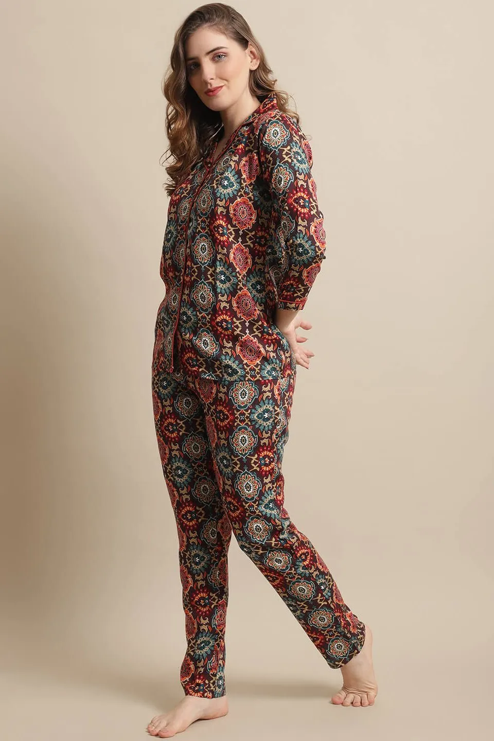 Brown Abstract Printed Viscose Rayon Night Suit for Women | S-XL | Claura