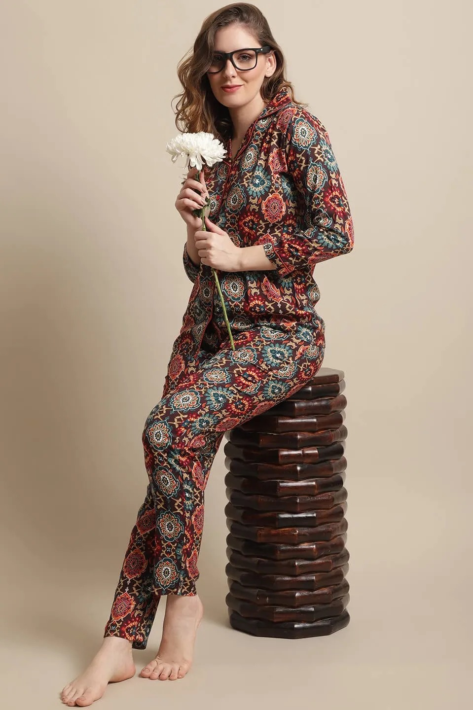 Brown Abstract Printed Viscose Rayon Night Suit for Women | S-XL | Claura